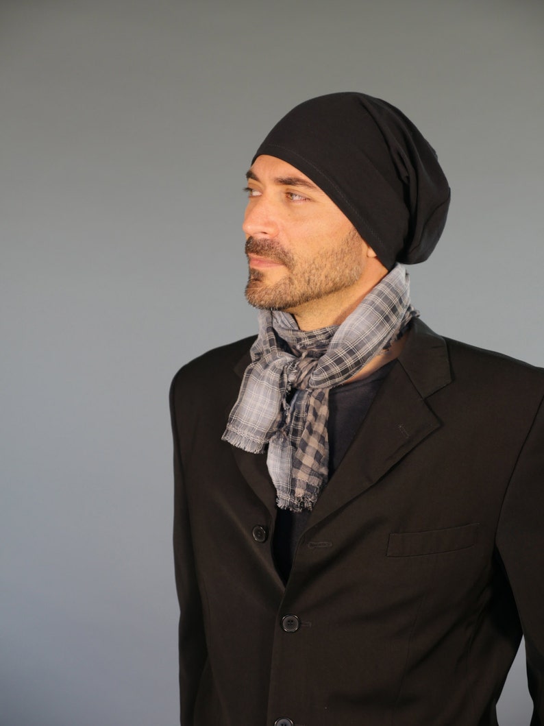 Organic Cotton Gauze Scarf in Reversible Checked Plaid Square Scarf Unisex Eco Friendly Black Gray image 3
