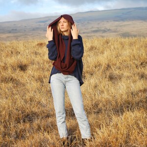 Infinity Scarf Garnet Red Organic Cotton Waffle Knit Thermal Circle Scarf Chunky Cowl Hood Organic Clothing image 8