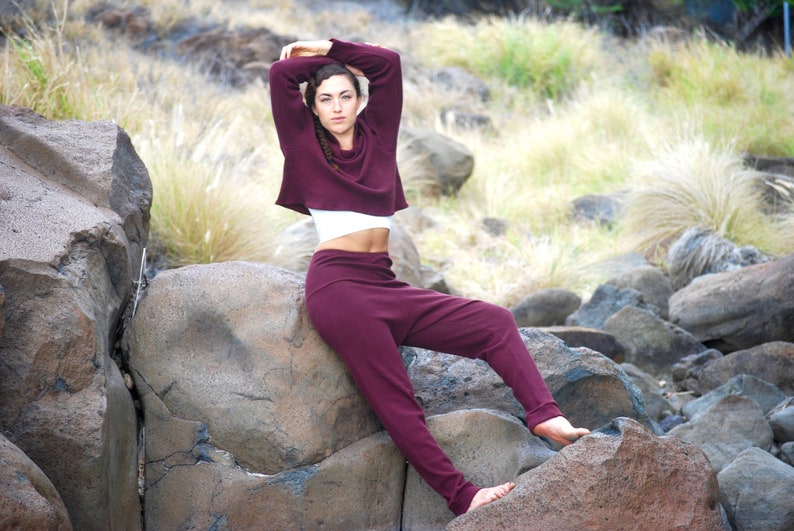 Womens Drop Crotch Joggers Organic Cotton Thermal Red Wine Organic Clothing Loungewear Yoga Pants image 1