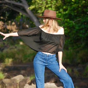 Black Off Shoulder Ruffle Crop Top Lightweight Organic Cotton Voile Summer Top Retro Vibes image 4