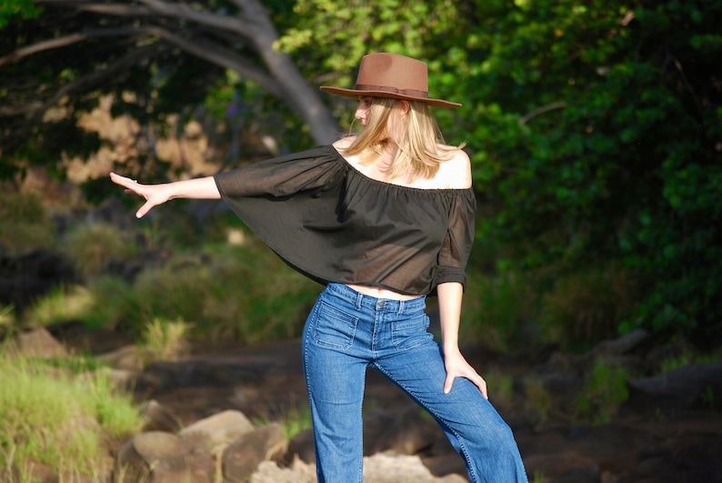 Black Off Shoulder Ruffle Crop Top Lightweight Organic Cotton Voile Summer Top Retro Vibes image 4