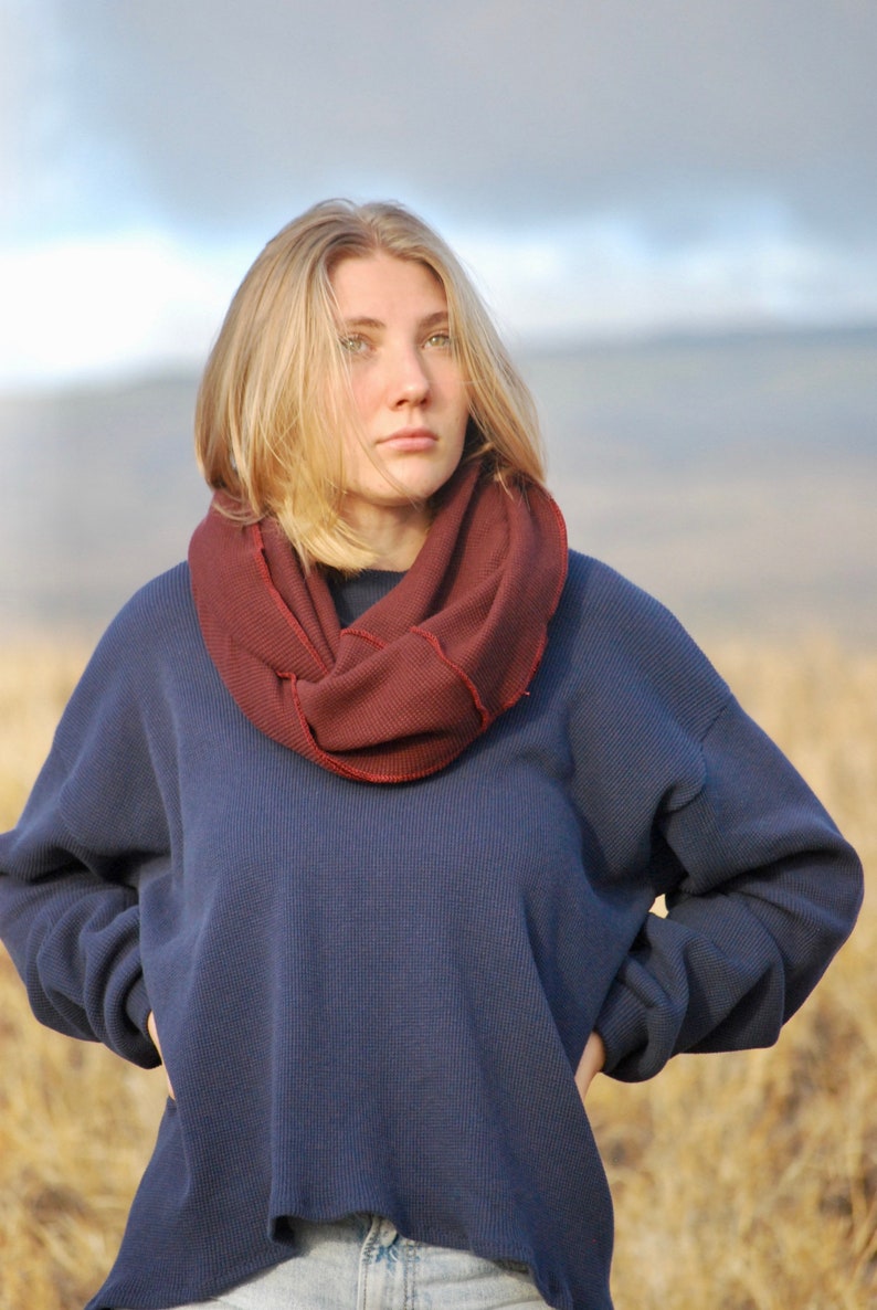 Infinity Scarf Garnet Red Organic Cotton Waffle Knit Thermal Circle Scarf Chunky Cowl Hood Organic Clothing image 2