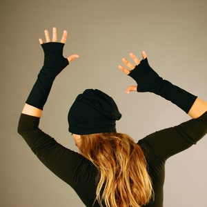 Vingerloze handschoenen Armwarmers Zwart Biologische kleding Eco-vriendelijk afbeelding 1