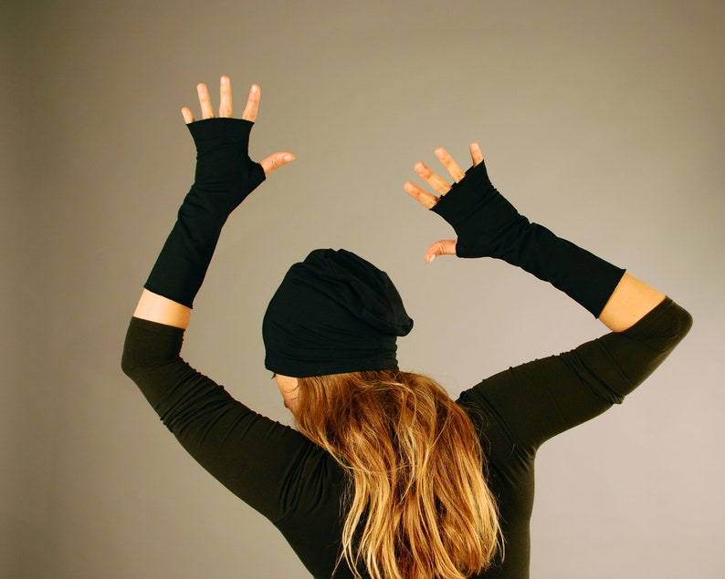 Vingerloze handschoenen Armwarmers Zwart Biologische kleding Eco-vriendelijk afbeelding 1
