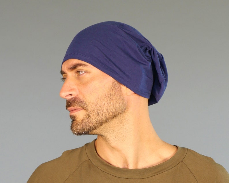 Men's Hat Unisex Hat Slouchy Beanie Navy Blue Eco Friendly Jersey Organic Clothing image 1