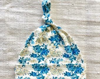 Baby Hat - Newborn Knot Hat - Blue and Creme Floral Print Organic Cotton  -  Eco Friendly  - Newborn - Baby Shower