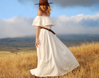 White Off Shoulder Maxi Dress - Organic Cotton Gauze - Full Length Dress - Boho Wedding - Casual Wedding