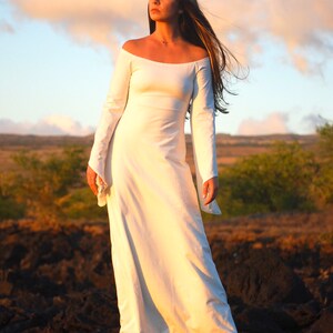 Organic Cotton Hemp Wedding Dress Long Bell Sleeve Off Shoulder Boho Fantasy Alternative Beach White Ceremonial Dress image 10