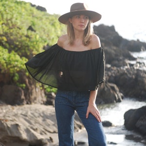 Black Off Shoulder Ruffle Crop Top Lightweight Organic Cotton Voile Summer Top Retro Vibes image 3