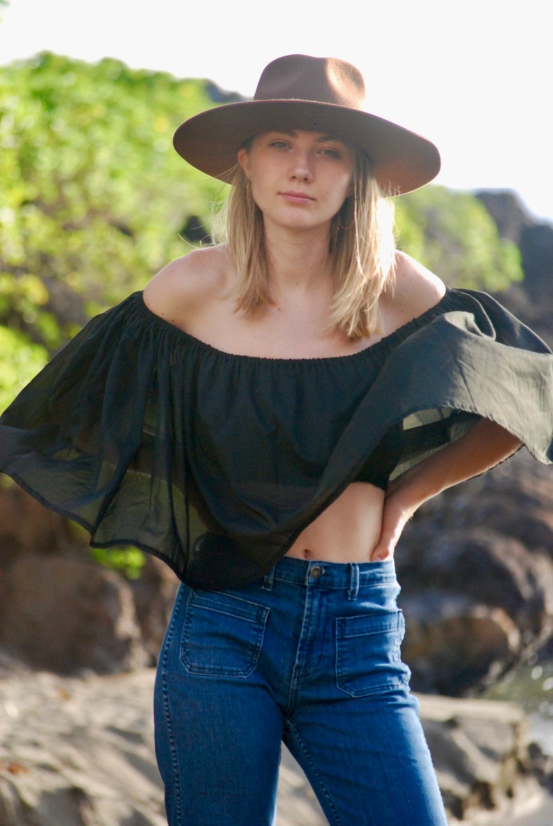 Black Off Shoulder Ruffle Crop Top Lightweight Organic Cotton Voile Summer Top Retro Vibes image 8