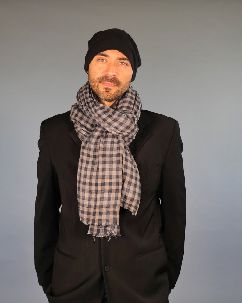 Organic Cotton Gauze Scarf in Reversible Checked Plaid Long Scarf Unisex Eco Friendly Black Gray image 2