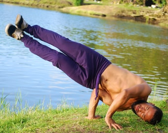 Men's Joggers - Purple Organic Cotton Soy Spandex French Terry Yoga Pants - Drop Crotch - Unisex Harem Pants - Dance