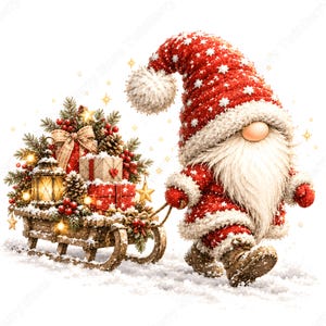 Puede incluir: Un gnomo navide&ntilde;o con un gorro rojo de estrellas blancas y un pomp&oacute;n blanco, tirando de un trineo de madera cargado con regalos envueltos, una linterna encendida, ramas de pino y bayas rojas, sobre un fondo nevado y festivo.
