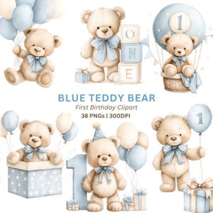 Può includere: Illustrazioni ad acquerello di orsacchiotti con fiocchi blu, palloncini e scatole regalo. Il testo "BLUE TEDDY BEAR First Birthday Clipart" è visualizzato. Adatto per un tema del primo compleanno.