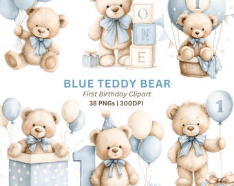 Eerste jarige png, 38 aquarel teddybeer-clipart met blauwe ballonnen