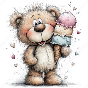 May include: A whimsical illustration of a teddy bear holding a triple-scoop ice cream cone. The ice cream features pink, tan, and blue scoops. The bear has a friendly expression, rosy cheeks, and is surrounded by heart-shaped accents.
