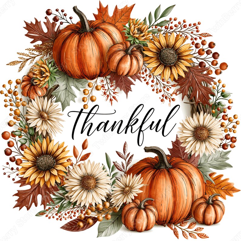 May include: A circular autumn wreath featuring orange pumpkins, yellow sunflowers, white daisies, brown maple leaves, and small red berries. The word Thankful is written in black cursive script in the center of the wreath, surrounded by seasonal foliage.