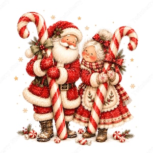 Puede incluir: Una ilustración festiva de Santa Claus y la Señora Claus de pie uno al lado del otro, ambos sosteniendo grandes bastones de caramelo a rayas rojas y blancas. Visten ropa de invierno tradicional roja y blanca con bordes de piel, rodeados de estrellas.