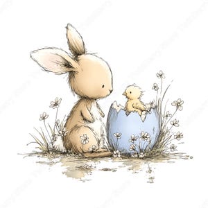 May include: A charming illustration of a bunny and a chick. The bunny, in shades of tan, looks at a chick emerging from a light blue egg. White flowers and grass are scattered around the egg, with a watercolour effect.
