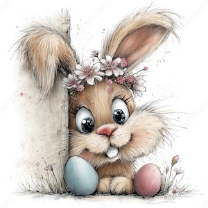 Peut inclure: Illustration à l'aquarelle d'un lapin souriant portant une couronne de fleurs, regardant derrière un arbre. Le lapin a de grands yeux et est entouré de deux œufs de Pâques, un bleu et un rose. L'image a une palette de couleurs pastel.