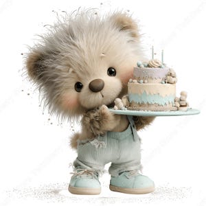 May include: A cute teddy bear illustration holding a two-tiered birthday cake on a light blue tray. The bear wears light blue overalls and shoes. The cake has blue and white frosting with sprinkles and candles. The overall color palette is soft and pastel.