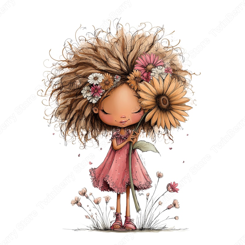 Vår Clipart PNG, 30 nyckfull flicka med blommor grafikpaket bild 4