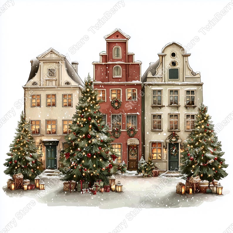 Puede incluir: Ilustraci&oacute;n en acuarela de tres edificios europeos nevados. Los edificios son de color beige, rojo y crema. Los &aacute;rboles de Navidad con luces y adornos se alzan frente a los edificios. Regalos y faroles est&aacute;n esparcidos al pie de los &aacute;rboles.