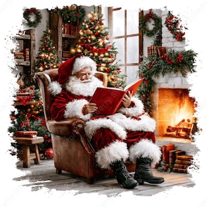 May include: Santa Claus with a white beard and glasses wearing a red velvet suit with white fur trim sits in a brown leather armchair reading a red book. The scene includes a lit fireplace, a decorated Christmas tree, and festive greenery.