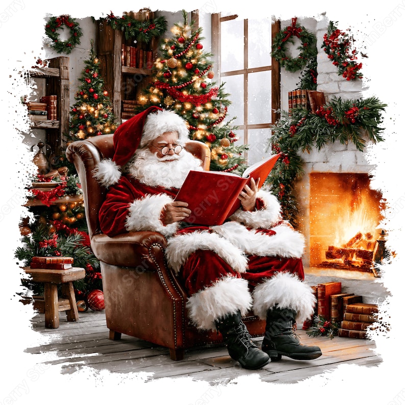 May include: Santa Claus with a white beard and glasses wearing a red velvet suit with white fur trim sits in a brown leather armchair reading a red book. The scene includes a lit fireplace, a decorated Christmas tree, and festive greenery.