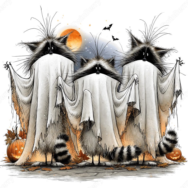 May include: A digital illustration of three raccoons wearing white ghost costumes made of sheets. The raccoons have black and white striped tails, dark eye masks, and messy fur. Two orange jack-o'-lanterns, autumn leaves, and a full moon are visible.