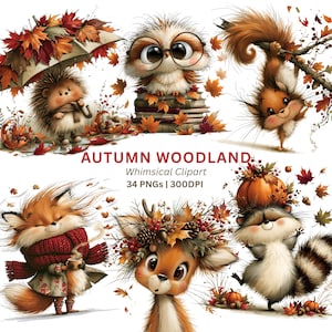 May include: A digital illustration featuring whimsical woodland creatures in autumn settings. Includes a hedgehog with an umbrella, an owl with glasses, a squirrel hanging from a branch, a fox with a scarf, a deer with a floral crown, and a raccoon with a pumpkin. Text reads "AUTUMN WOODLAND Whimsical Clipart 34 PNGs | 300DPI."