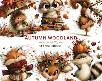 Autumn Woodland Clipart PNG, 32 Cozy Fall Animals with Leaves and Pumpkins for Nursery and Mugs