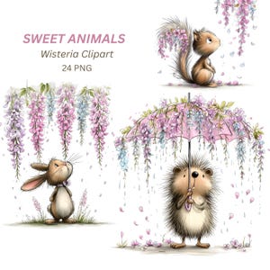 Può includere: Set di clipart digitali con uno scoiattolo, un coniglietto e un riccio, ognuno con un design stravagante. Gli animali sono circondati da fiori di glicine in tonalità rosa e viola. Il testo "SWEET ANIMALS Wisteria Clipart 24 PNG" è in alto.