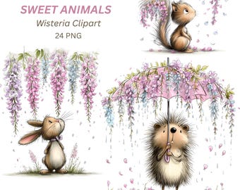 Wisteria-djur PNG, 24 akvarell vårclipart med blommor och skogsdjur