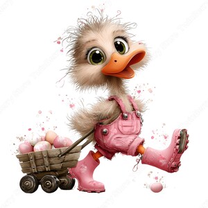 May include: A whimsical illustration of a duckling wearing pink overalls and boots, pulling a wooden cart filled with pastel Easter eggs. The duckling has large green eyes and an orange beak. Watercolor-style pink accents surround the duckling.