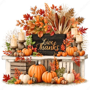 May include: A decorative autumn display featuring a black wooden sign with the text Give Thanks, surrounded by orange pumpkins, white pumpkins, lit pillar candles on pedestals, dried corn stalks, and vibrant red, orange, and yellow fall leaves.