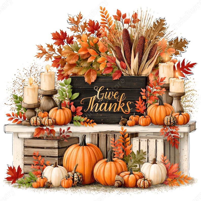 May include: A decorative autumn display featuring a black wooden sign with the text Give Thanks, surrounded by orange pumpkins, white pumpkins, lit pillar candles on pedestals, dried corn stalks, and vibrant red, orange, and yellow fall leaves.