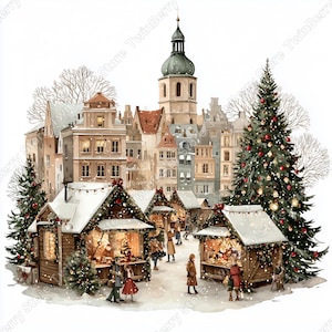 Puede incluir: Ilustraci&oacute;n en acuarela de un mercado navide&ntilde;o en una ciudad europea. Los puestos de madera est&aacute;n decorados con luces y guirnaldas, con gente mirando. Un gran &aacute;rbol de Navidad y edificios cubiertos de nieve completan la escena festiva.