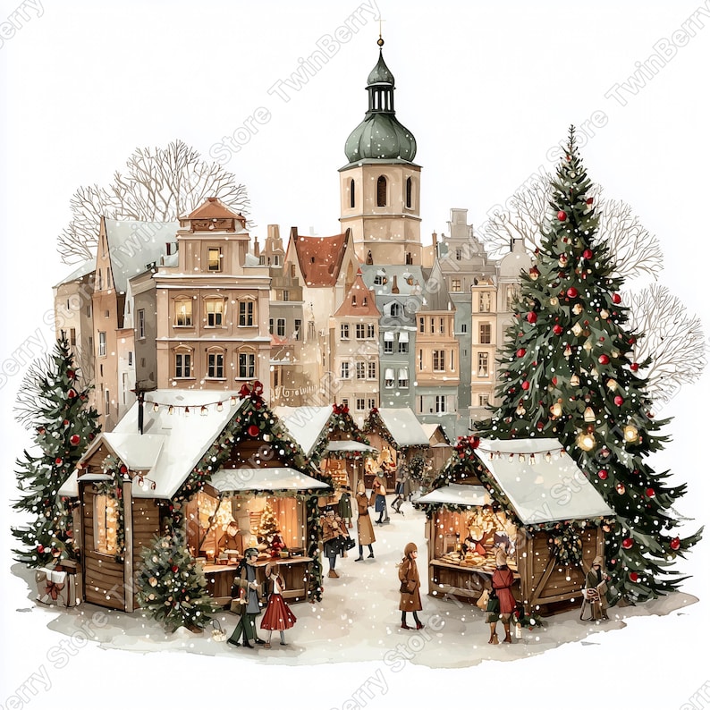 Puede incluir: Ilustraci&oacute;n en acuarela de un mercado navide&ntilde;o en una ciudad europea. Los puestos de madera est&aacute;n decorados con luces y guirnaldas, con gente mirando. Un gran &aacute;rbol de Navidad y edificios cubiertos de nieve completan la escena festiva.