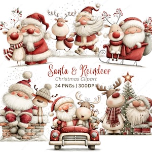 Op de afbeelding: Een verzameling kerstillustraties met de Kerstman en rendieren in verschillende houdingen, waaronder in een rode slee, in een rode auto en zittend op een bakstenen schoorsteen. De tekst luidt Santa & Reindeer Christmas Clipart.