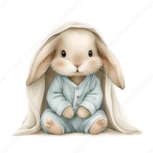 May include: A watercolour illustration of a baby rabbit in a light blue onesie, sheltered by a white blanket. The bunny has large, dark eyes, pink cheeks, and long ears. The image has a soft, pastel colour palette.