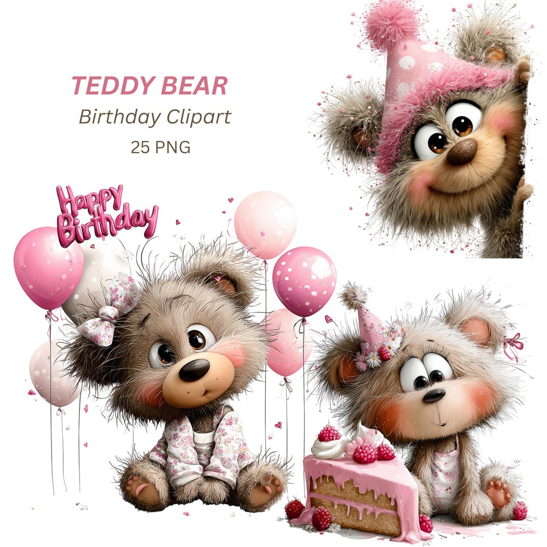 Pink Teddy Bear PNG, 25 Whimsical Birthday Clipart With Cake Balloons ...