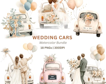 Imágenes prediseñadas de coches de boda en formato PNG, 18 imágenes de coches antiguos con motivos florales y la frase "Recién casados" en acuarela para invitaciones de boda.