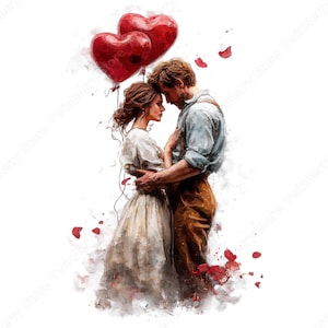 Könnte beinhalten: Aquarellillustration eines Paares, das sich umarmt, mit zwei roten herzförmigen Luftballons über ihnen. Die Frau trägt ein weißes Kleid, der Mann ein blaues Hemd und eine braune Hose. Rote Rosenblätter sind um ihre Füße verstreut.
