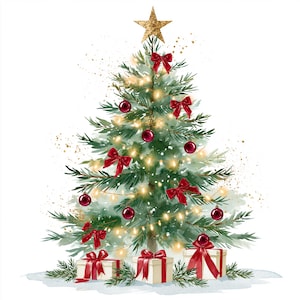 May include: A watercolor illustration of a green Christmas tree decorated with glowing yellow string lights, dark red spherical ornaments, and red ribbon bows. A gold star sits at the top, and three gift boxes with red ribbons sit at the base.