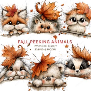 Könnte beinhalten: Niedliche Illustration von sechs Cartoon-Tieren, darunter ein Fuchs, ein Igel, eine Eule, ein Hase, ein Bär und ein Dachs, die über einen Zaun schauen. Jedes Tier hat ein Herbstblatt. Der Text "FALL PEEKING ANIMALS" wird angezeigt.