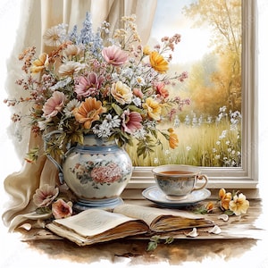 Könnte beinhalten: Ein Stillleben-Gemälde mit einem Blumenarrangement in einer dekorativen Vase, einer Tasse und Untertasse sowie einem offenen Buch auf einer Holzoberfläche. Die Blumen sind in Rosa-, Gelb- und Orangetönen gehalten. Im Hintergrund befindet sich ein Fenster mit Blick auf ein Feld.
