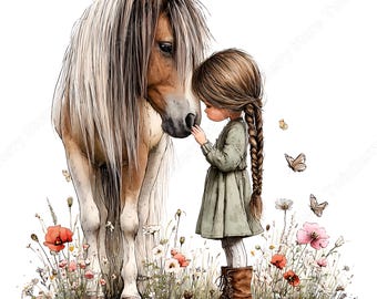 Flicka och häst JPG, 28 akvarell ponny clipart för ridgåvor och kort