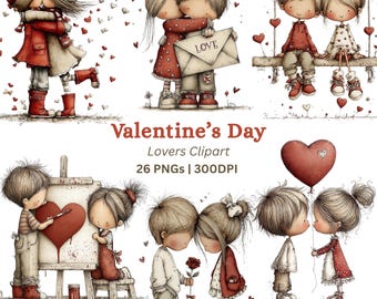 26 Romantic Valentine Couple Clipart, Adorable Boy & Girl in Love - Whimsical PNG Graphics