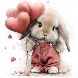 May include: A watercolor illustration of a bunny wearing red overalls, holding heart-shaped balloons. The bunny has long ears and fluffy fur. Scattered around are small hearts and flower petals, creating a whimsical and romantic scene.